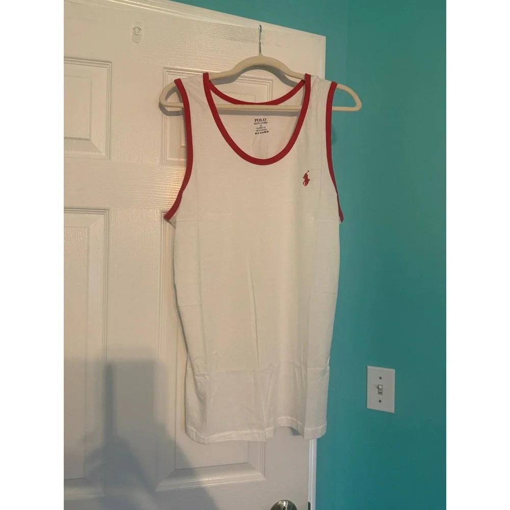 Polo Ralph Lauren Mens XL Classic Fit Cotton Tank Top White Red Ringer Pony Logo